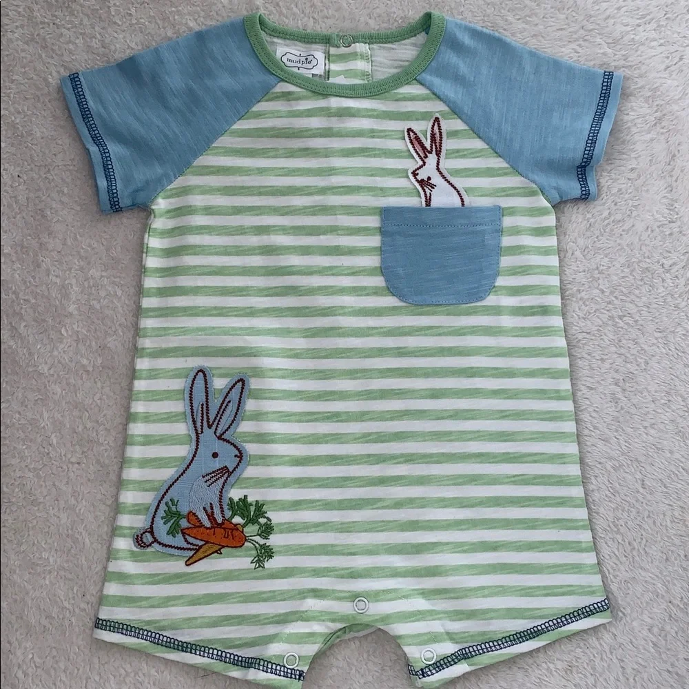 NWT Mudpie Green Stripe Easter Baby Shortall 9-12M Bunny Romper